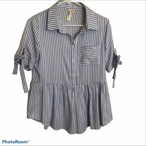 Lara Peplum White & Blue Stripe Short Sleeve